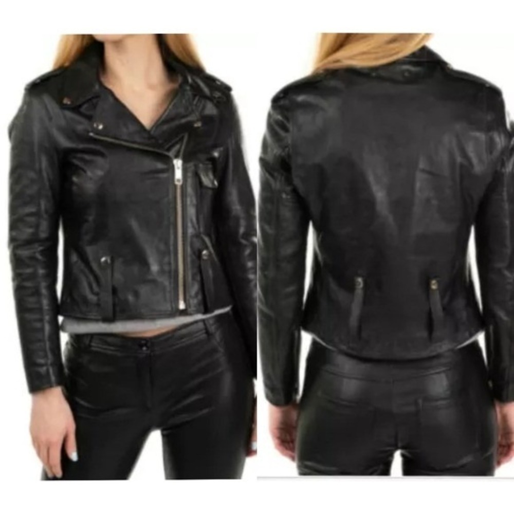 GOLDEN GOOSE Black Lamb Leather Crop Womens Jacket Small Bike Moto NEW $1,975
